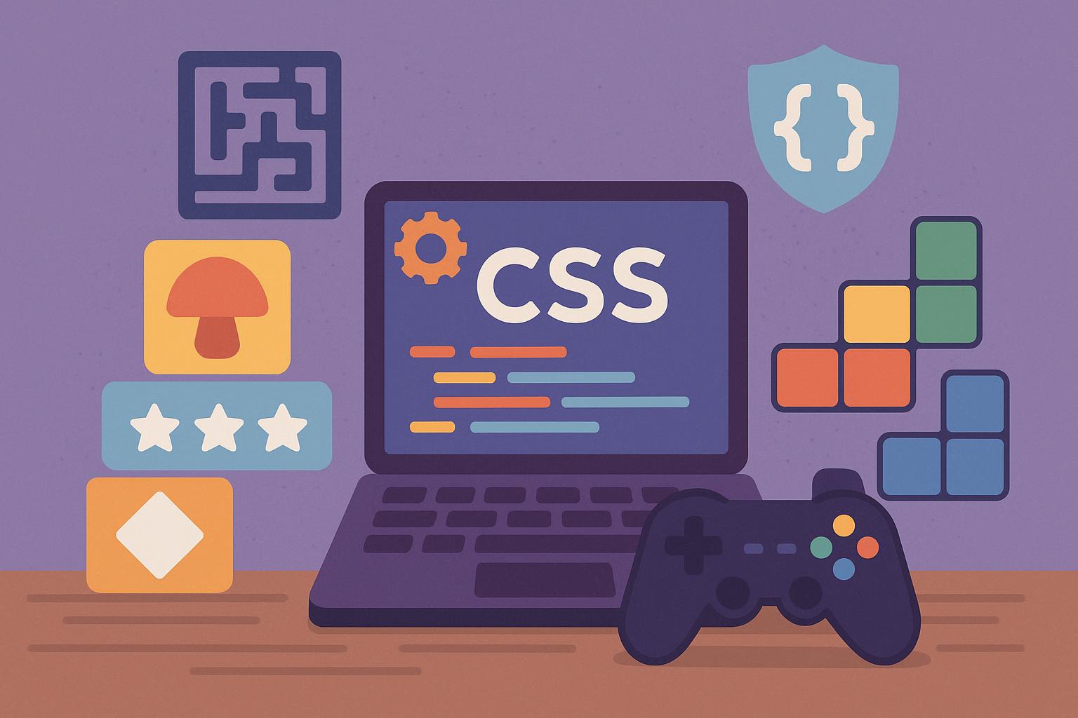 Colorful code snippets and playful gaming icons illustrating CSS game-based learning tools