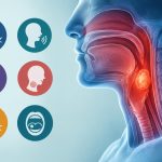 Early symptoms of head and neck cancer illustrated with affected throat and lymph nodes highlights