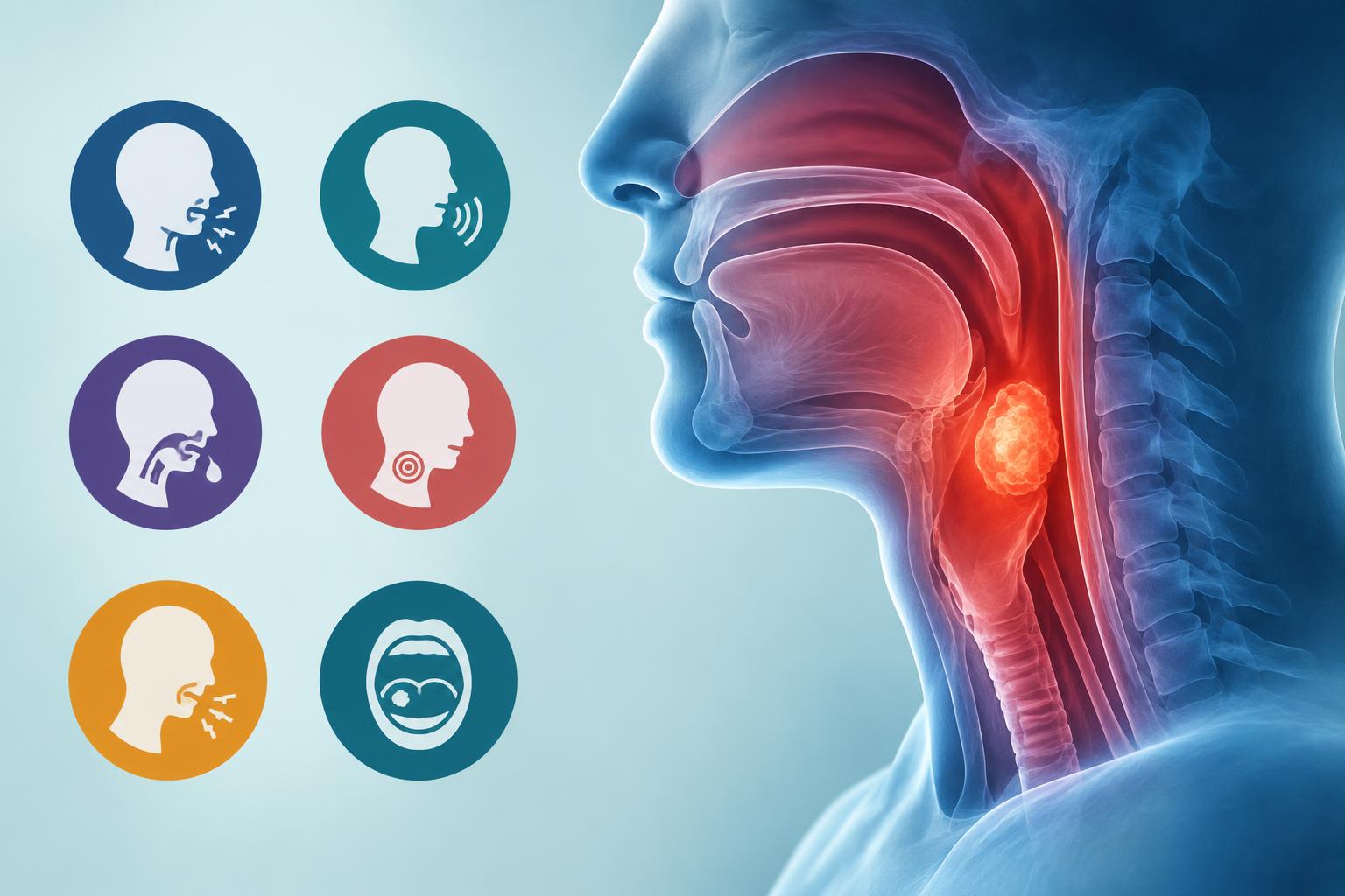 Early symptoms of head and neck cancer illustrated with affected throat and lymph nodes highlights