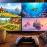 Cozy living room with soft lighting, person playing a calming video game on a console