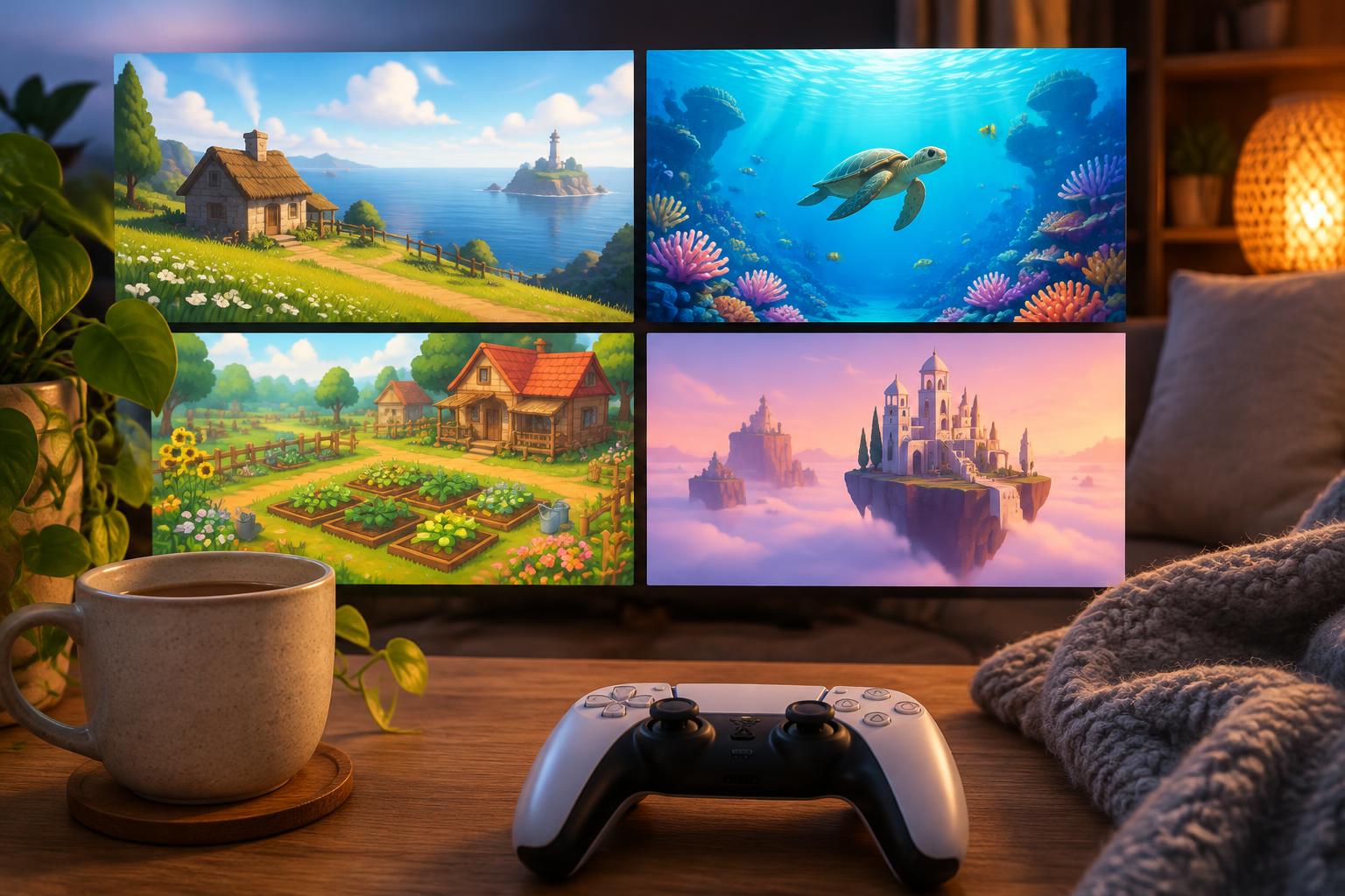 Cozy living room with soft lighting, person playing a calming video game on a console